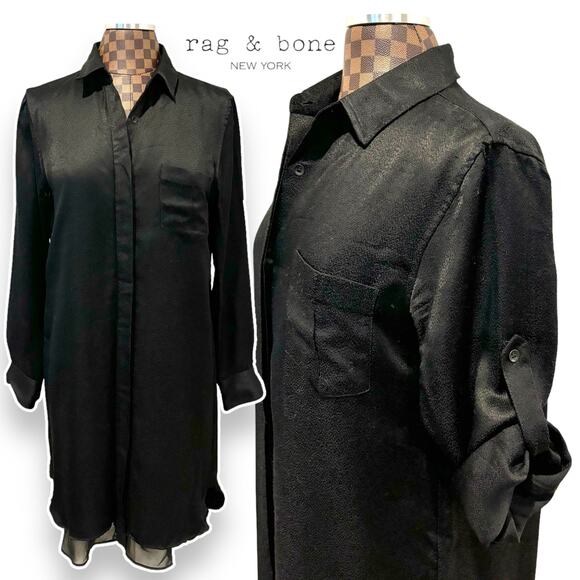 Rag & Bone Shirt Dress Black Sz 8 Midi Roll-Tab Sleeves Layered Tunic Minimalist - Picture 1 of 9